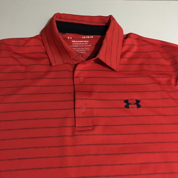 Under Armour Mens Large Polo Shirt Red Striped The Playoff Heatgear Loose - Picture 2 of 6